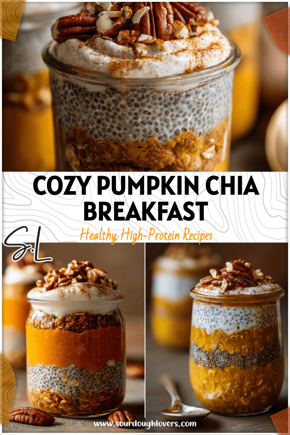 Layered pumpkin oats with yogurt and chia seeds topped with cinnamon and nuts for a cozy fall breakfast. 26